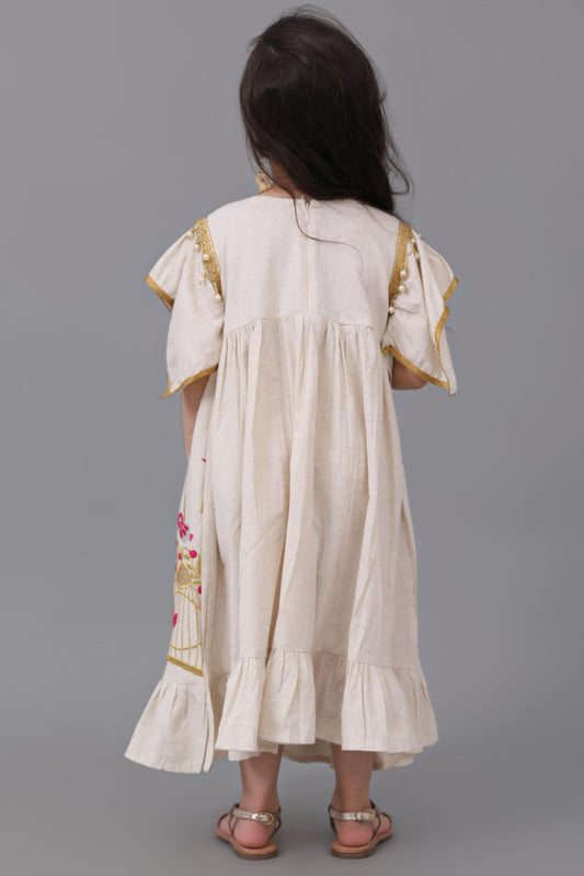 Girls' linen jalabiya, embroidered and decorated with Lulu