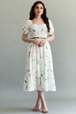 Green autumn leaf print dress