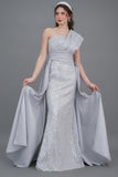 Gray one-shoulder embroidered evening dress