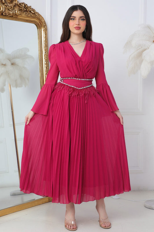 Pleated dress with crystal embroidered belt, fuchsia color