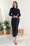 Midi dress with a wrap belt attached to the waist, navy blue 