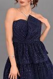 Short layered sequin evening dress, navy blue