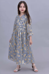 Girls' jalabiya with a dress design embroidered with gray-gold sequins