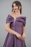 Mikado taffeta evening dress with bow sleeves, mauve color