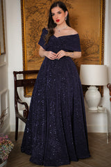 Evening dress with off-shoulder design, navy blue