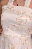Evening dress embroidered with gold threads, sugar color