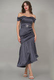 Dark gray asymmetric pleated dress