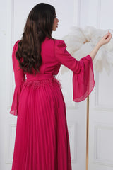 Pleated dress with crystal embroidered belt, fuchsia color