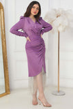 Purple pleated crystal fringe dress