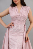 Evening dress embroidered with a pink train design