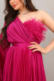 One-shoulder cape-sleeve plaid dress in fuchsia color