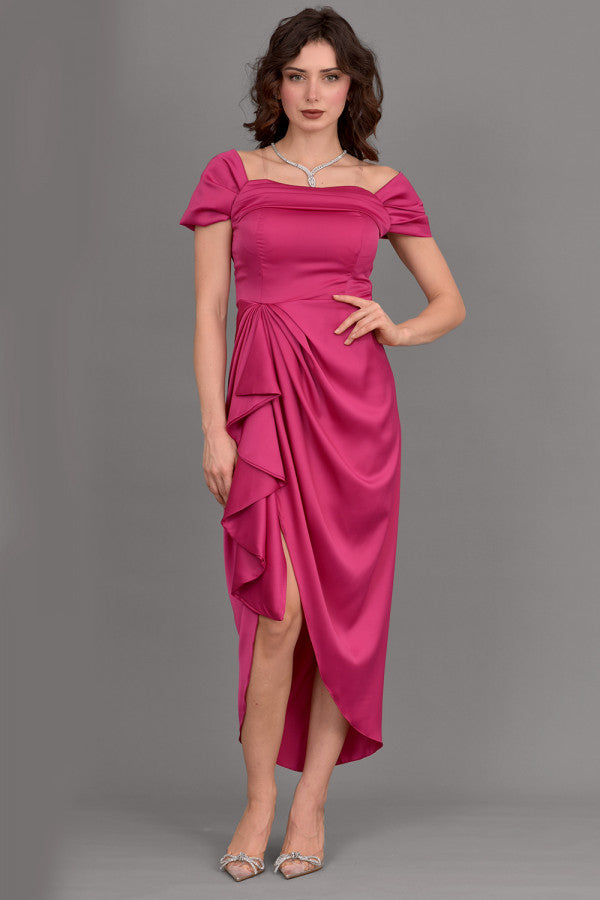 Satin off-shoulder midi dress with slit, fuchsia color