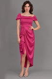 Satin off-shoulder midi dress with slit, fuchsia color