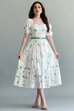 Green autumn leaf print dress