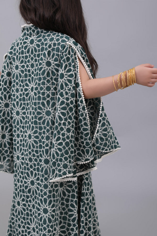 Girls embroidered oriental galabiya with wide sleeves, green color