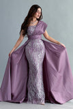 One-shoulder embroidered evening dress, mauve color