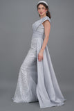 Gray one-shoulder embroidered evening dress