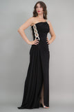 Black one-shoulder jersey evening dress embroidered with crystals