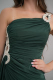 Green one-shoulder jersey evening dress embroidered with crystals