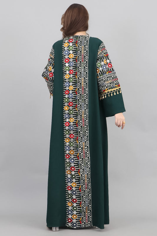 An embroidered oriental galabiya decorated with tassels and beads, olive color 