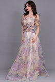 Floral organza evening dress with pleats at the waist, beige color