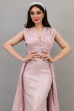 Evening dress embroidered with a pink train design