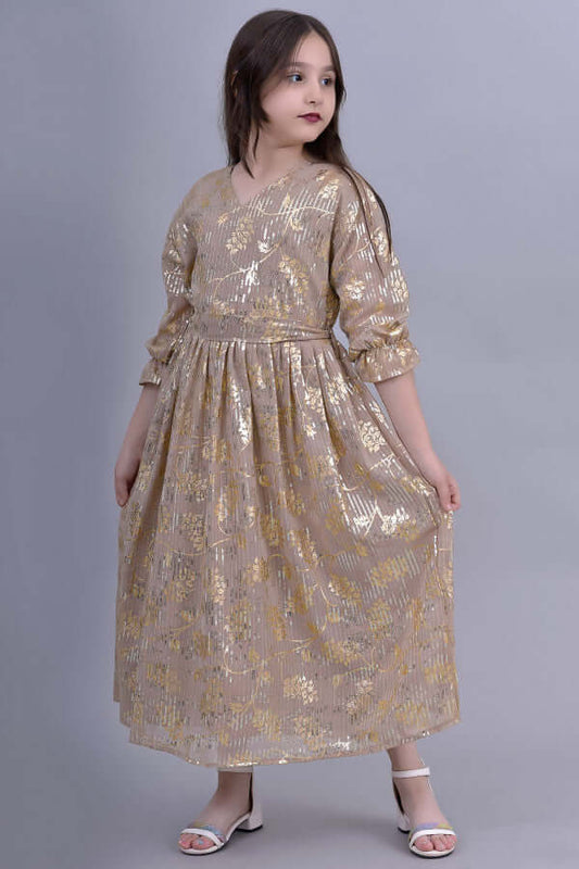 Girls' jalabiya with a dress design embroidered with golden beige sequins