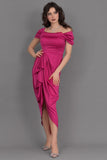 Satin off-shoulder midi dress with slit, fuchsia color