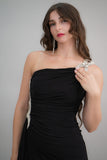 Black one-shoulder jersey evening dress embroidered with crystals