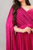 One-shoulder cape-sleeve plaid dress in fuchsia color