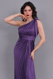 Purple one-shoulder satin Perkins evening dress