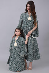 Girls embroidered oriental galabiya with wide sleeves, green color