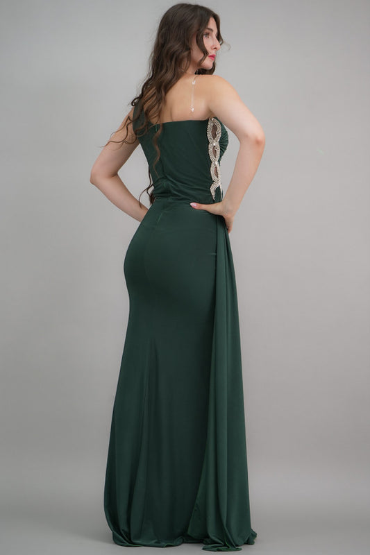 Green one-shoulder jersey evening dress embroidered with crystals