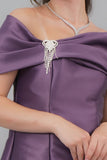 Mikado taffeta evening dress with bow sleeves, mauve color