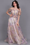 Floral organza evening dress with pleats at the waist, beige color