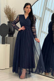 Evening dress with drape sleeves, navy blue