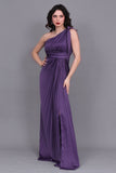 Purple one-shoulder satin Perkins evening dress