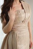 Beige one-shoulder embroidered evening dress