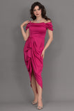 Satin off-shoulder midi dress with slit, fuchsia color