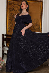 Evening dress with off-shoulder design, navy blue