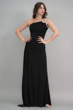 Black one-shoulder jersey evening dress embroidered with crystals