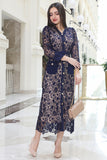 Hayran sleeve lace midi dress, navy blue 