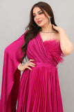 One-shoulder cape-sleeve plaid dress in fuchsia color