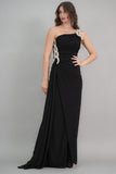 Black one-shoulder jersey evening dress embroidered with crystals