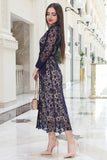 Hayran sleeve lace midi dress, navy blue 