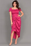 Satin off-shoulder midi dress with slit, fuchsia color