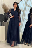 Evening dress with drape sleeves, navy blue