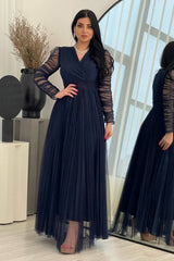 Evening dress with drape sleeves, navy blue