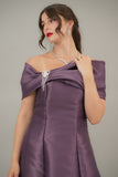 Mikado taffeta evening dress with bow sleeves, mauve color