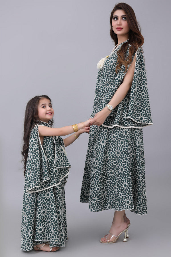 Girls embroidered oriental galabiya with wide sleeves, green color